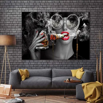 Creative Fumatul și consumul de Gril Poster Print pe Panza Pictura Machiaj Femeie Fumat Nori Arta de Perete Imagini Bar Decor de Perete