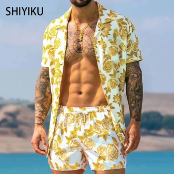 SHIYIKU Brand Bărbați Hawaiian Imprimare de Vara cu Maneci Scurte Buton de Cămașă Pierde Beachwear Pantaloni Casual, de Stradă pentru Bărbați Costum 2 Piese Set