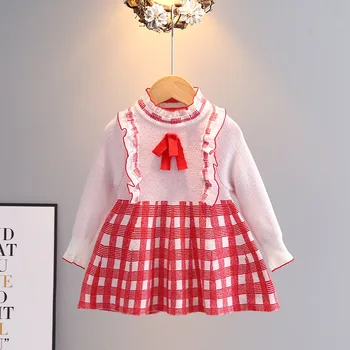 2022 Toamnă Iarnă Fată Pulover Rochie Printesa pentru Copii Copilul Pulover Copii Cârpă Pulover Dulce Tricotate Dressrs bluză în Carouri de 1 6y