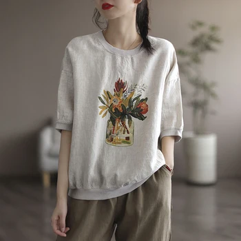 2022 Vara Nou Stil de Arte Femei Maneci Scurte Largi O-neck T-shirt Vintage Flower Print Lenjerie de pat din Bumbac Tricou Femme Topuri C273
