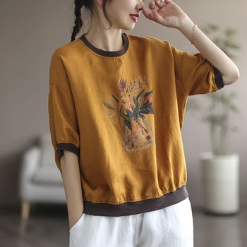 2022 Vara Nou Stil de Arte Femei Maneci Scurte Largi O-neck T-shirt Vintage Flower Print Lenjerie de pat din Bumbac Tricou Femme Topuri C273 Imagine 2