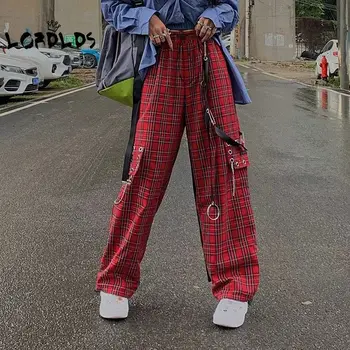 LORDLDS Femei Carouri Roșii Pantaloni Largi Picior Stil Liber Strada de Mare de Moda Harajuku E Fata Estetice Pantaloni Vintage Streetwear