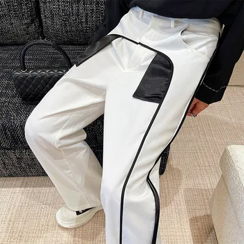 Alb Negru Îmbinare Pantaloni Casual Barbati Vintage Moda Rochie Costum Pantaloni Om Coreean Streetwear Trend Chic Largi Picior Pantaloni Sex Masculin Imagine 2
