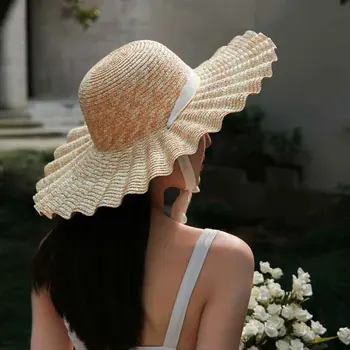 Naturale Mari Margine Largă Ondulat Volane Pălării Rafie Pălărie De Paie Pentru Femei De Vară Franjuri Plaja Hat Țese Palarie De Soare Cu Black&White Centura