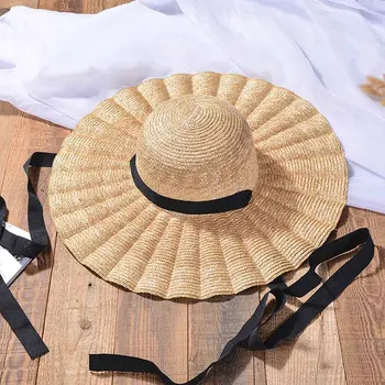 Naturale Mari Margine Largă Ondulat Volane Pălării Rafie Pălărie De Paie Pentru Femei De Vară Franjuri Plaja Hat Țese Palarie De Soare Cu Black&White Centura Imagine 2