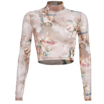 Femei Vara Mâneci Lungi Mock Neck Crop Top Romantic Colorate Înger Cupidon Imprimate T-Shirt Vedea Prin Ochiuri De Partid Clubwear Imagine 2