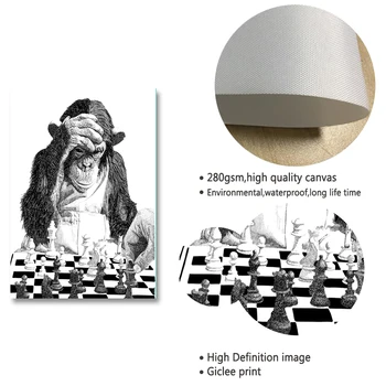 Alb și negru Maimuță Amuzant Joc de Șah de Postere și de Imprimare de Perete de Epocă Arta Panza Pictura Imagine Retro Lavoar LAVOAR Decor Acasă