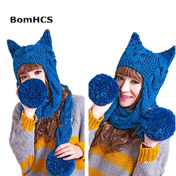 BomHCS Femei Cablu Gros Tricotate Manual Căciulă Cu Urechi De Pisică Palarie Cald Eșarfă Imagine 2