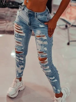 2021 Femei Slim Fit Jeans Modă de Culoare Solidă Rupt Gaura Ciucure Întinde de Înaltă Talie Doamnelor Denim Creion Pantaloni Lungi Pantaloni