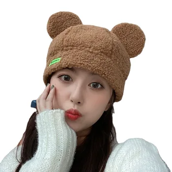 INS Japonez Drăguț Mic Urs Ureche Tricotat Lână Capac Femei Toamna Iarna Îngroșa Ține de Cald Proteja Urechea Găleată Pălărie Gorros