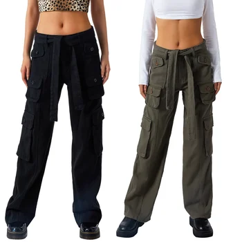 Femei Toamna Pantaloni Culoare Solidă Talie Joasă Vrac se Potrivi Pantaloni Casual, cu Multiple Buzunare pentru Fete Gri/Negru/Maro