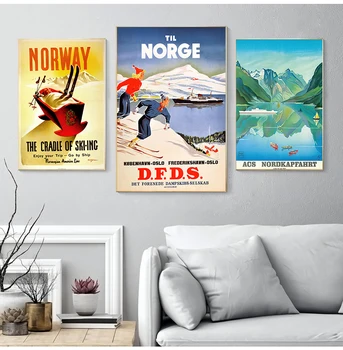 Schi în Norvegia Norvegia Norvegia Hartă de Epocă Retro Travel Clasic Panza Picturi Kraft Postere Autocolante de Perete Decor Acasă Cadou de Familie