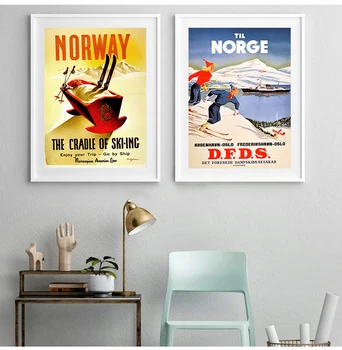 Schi în Norvegia Norvegia Norvegia Hartă de Epocă Retro Travel Clasic Panza Picturi Kraft Postere Autocolante de Perete Decor Acasă Cadou de Familie Imagine 2