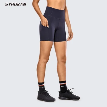 SYROKAN Femei Respirabil Lux Gol Sentiment Sport pantaloni Scurți de Înaltă Talie Burtica Control pantaloni Scurți Cu Buzunare Laterale-6 Cm Imagine 2