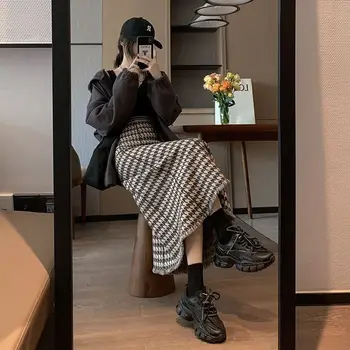 Houndstooth Fuste Femei cu Talie Înaltă Clasic de Moda coreeană Stil Chic Femei Retro Elegant Carouri Fusta a-line Ciucure de Tricotat