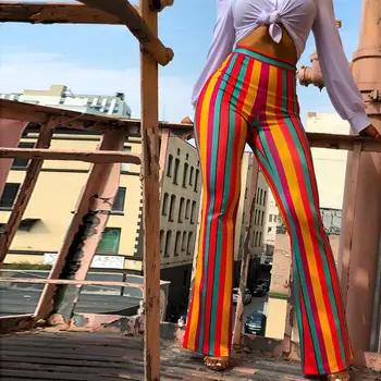 2021 Vara Slim Talie Mare Pantaloni Flare Noi Doamnelor Moda Casual Pantaloni Largi Picior Cu Dungi Multicolore Doamnelor Pantaloni Flare