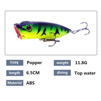 Topwater Popper Momeala 6.5 cm 11.8 g Artificiale Momeli Momeli cu Cârlig Înalte de Plastic Bionic pentru apă Dulce de Pescuit Imagine 2