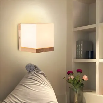 Decorative Moderne Lampă de Perete cadru de Lemn Sticlă Umbra Noptiera Dormitor Mansardă Led Lumini de Perete Oglindă Lumina de Noapte E27 Nordic Tranșee
