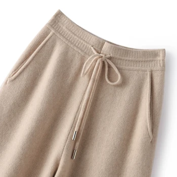 Noua Toamna Iarna Femei Cașmir Pur Pantaloni Moale Confortabil De Înaltă Talie Tricotate Femei Culoare Solidă Îngroșa Largi Picior Pantaloni Imagine 2