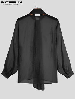 2022 Barbati Tricou de Culoare Solidă Plasă de Dantelă Transparentă Până Mânecă Lungă Pierde Casual Barbati Haine de Moda de petrecere a timpului Liber Camisas S-5XL INCERUN Imagine 2