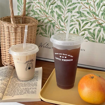 Drăguț Sticla de Apa Cafea, Suc, Lapte, Ceai Kawaii Plastic PP Rece Cupa cu Capac Paie Portabil Reutilizabile Băut Cana Sticla