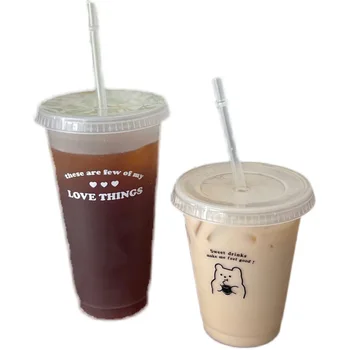 Drăguț Sticla de Apa Cafea, Suc, Lapte, Ceai Kawaii Plastic PP Rece Cupa cu Capac Paie Portabil Reutilizabile Băut Cana Sticla Imagine 2