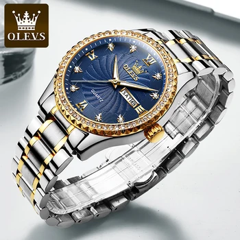 OLEVS Mens Ceasuri de Top de Brand de Lux Diamant, Cuarț Moda Cadran Albastru Săptămâna Calendar Luminos Impermeabil Ceas Pentru Barbati 5565 Imagine 2