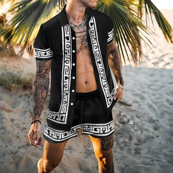 2022 Oameni NOI Seturi de Imprimare de Moda Rever Maneca Scurta Tricou Casual pantaloni Scurți de Plajă de Vară Streetwear Vacanta Hawaii Costume de Bărbați S-3XL Imagine 2