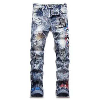 Hip Hop Rupt Cutat Blugi Casual Pantaloni Spălat Streetwear Broderie Pantaloni Din Denim Pentru Bărbați Slim Fit Direct Imagine 2