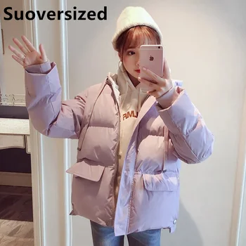 Femei Cu Glugă Îngroșa Bumbac Căptușit Parka De Iarnă Largi Roz De Bază Snowwear Paltoane Coreean Casual Cald Solid Vânt Jachete