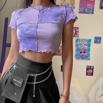Noi de Vara Sexy tricouri Chic Cultură Teuri Tie Dye cu Sequin Patchwork Femei Volane Tiv Violet Bule Haine Kawaii Y2k Sus 2022
