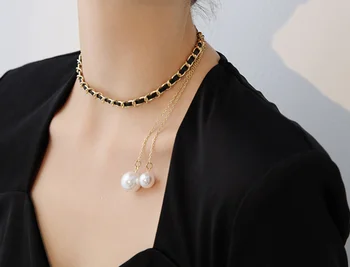 Lanț de perle artificiale coliere din piele pandantiv de ajustare simplu colier pentru femei bijuterii de moda (5pcs de liberă shpping) Imagine 2