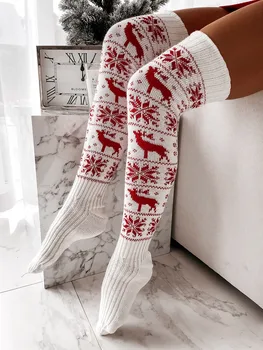 Femei Ciorapi De Crăciun Toamna Iarna Tricotate Cald Încălzit De Picior Reni Imprimare Peste Genunchi, Coapsa Inalta Șosete Lungi Cadou De Crăciun 2021
