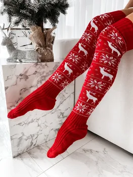 Femei Ciorapi De Crăciun Toamna Iarna Tricotate Cald Încălzit De Picior Reni Imprimare Peste Genunchi, Coapsa Inalta Șosete Lungi Cadou De Crăciun 2021 Imagine 2