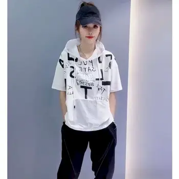 Vara Trendy Tricouri Femei coreeană Stil Liber cu Maneci Scurte T-shirt de Moda Scrisoare de Buzunar Hanorac Casual All-meci Tricou cu Gluga Imagine 2