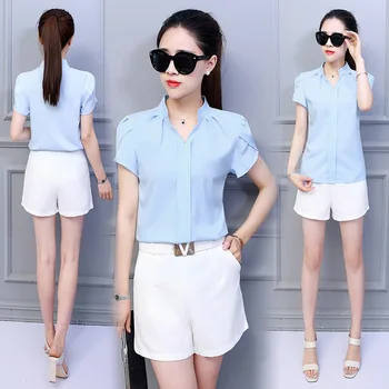 Vara Moda coreeană Femei Topuri si Bluze Femei Șifon Bluze Maneca Scurta Alb Office Lady Shirt Doamnelor Topuri
