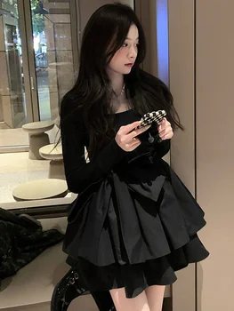 QWEEK Tort Negru Rochie Mini Femei Vintage Design Pătrat Guler cu Maneci Lungi Rochii Scurte Moda coreeană Kpop 2022 Toamna