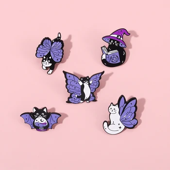 Fluture Pisici Rucsac Email Ace Vrăjitoare Kitty cu Wizzard Pălărie Cristal Magic Ball Variație Animal Bat Cat Brosa Rever Insigne Imagine 2