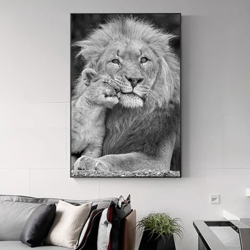 African Leu Sălbatic și Copilul Leu Panza de Artă Postere si Printuri Alb Negru Animale Tablouri Canvas Wall Art Pictures pentru Acasă