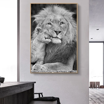African Leu Sălbatic și Copilul Leu Panza de Artă Postere si Printuri Alb Negru Animale Tablouri Canvas Wall Art Pictures pentru Acasă Imagine 2