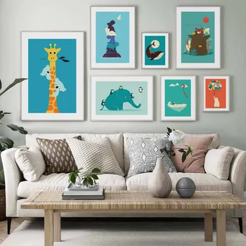 Balena Urs Hipopotam Girafa, Elefant Wall Art Print Panza Pictura Desen Animat Animale Nordice, Poster De Perete Poze Baby Decor Camera Pentru Copii