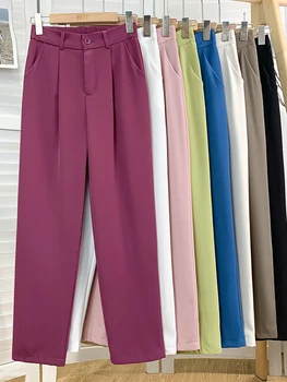 JMPRS Casual Femei Glezna-Lungime Pantaloni Elastic Talie Mare Primăvara Pantaloni Drepte Moda coreeană Culoare Solidă Butonul de Pantaloni Noi Imagine 2