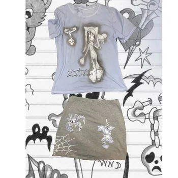 Japonez Harajuku Streetwear Tinutele Femeilor 2022 Vara Y2k Gothic Lolita Două Seturi De Piese Tie Dye Print Crop T-Shirt, Fuste Set Imagine 2
