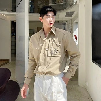 Bărbați Purta Lanțul Pierde Casual, Camasi cu Maneca Lunga Om coreeană de Moda Streetwear Rochie de Epocă Tricou Bluza de sex Masculin Tricou de Culoare Solidă Imagine 2