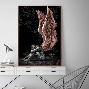 Îngeri Și Demoni Panza Pictura Gri Caracter aripi Craniu Postere de Imprimare Scandinave Cuadros de Arta de Perete de Imagine pentru Camera de zi Imagine 2