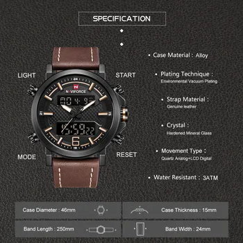 NAVIFORCE Bărbați Ceasuri Sport Brand de Lux din Piele Trupa Impermeabil Cuarț Ceas de mână de sex Masculin LED-uri Digitale Ceas Analogic Reloj Hombre