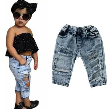 Pudcoco 2019 Noi 1-5T Moda pentru Copii Copilul Copil Fete Pantaloni din Denim Stretch Elastic Pantaloni Blugi Rupt Gaura Haine Fata Copil Imagine 2