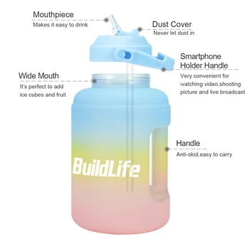 BuildLife Galon Sticla de Apa cu Paie Motivaționale Timp Marker BPA Free Gura Largă Etanșe Suportul Mobil se Ocupe de Călătorie Ulcior Imagine 2
