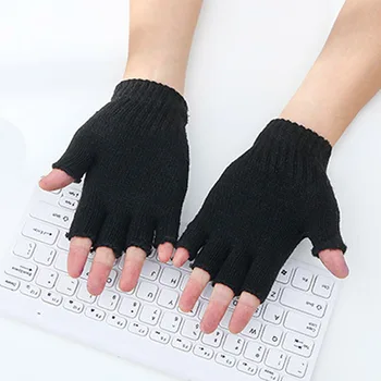 Mănuși de degete Toamna Iarna Cald Moale Tricotate Deschide Deget, Mănuși pentru Femei, Bărbați Negru Imagine 2