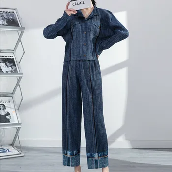 Miyake plisată top coat pentru femei 2022 primăvară noua moda tricou vrac direct largi picior pantaloni imitație denim set de două piese